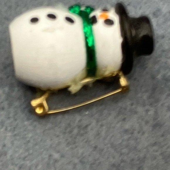 Christmas Pin Brooch Snowman Wood Bead Green Shiny Scarf Black Hat Rustic - Picture 7 of 7